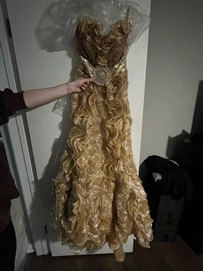 Gold Ruffled Evening Gown with Embellished Waist